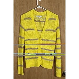 Women's M Crochet Button Up Cardigan Stripes Bright Yellow Stretchy Preppy